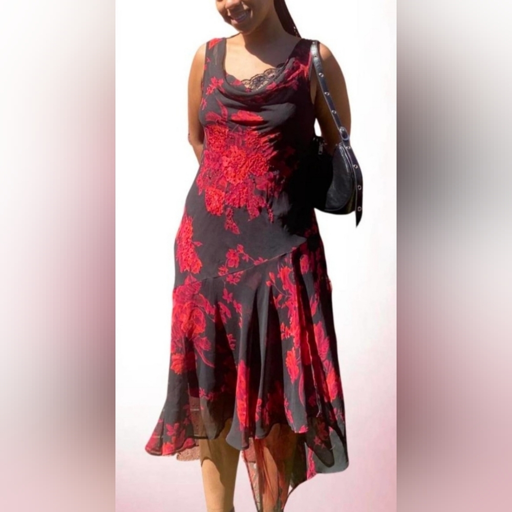 Whimsigoth Fairy Lace Beaded Vintage Sexy Witchy Black Red Floral Slip Dress
